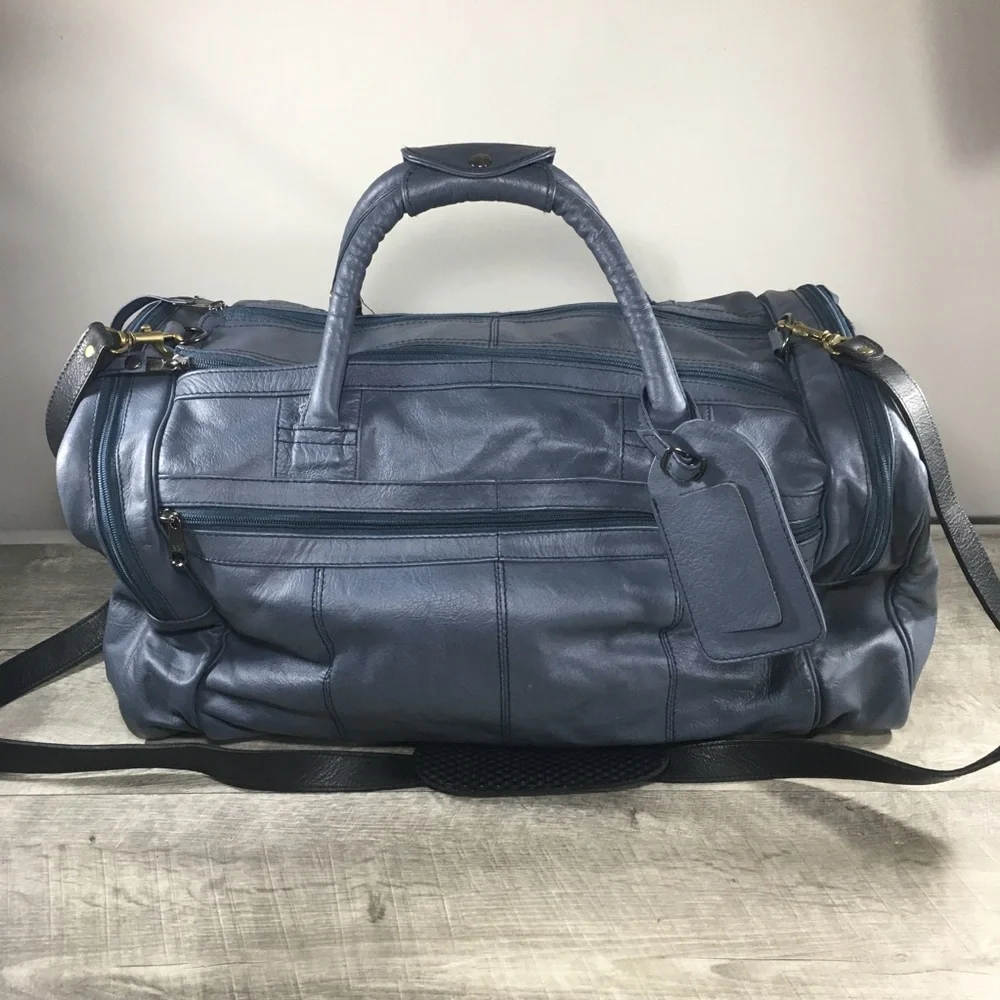 Vtg Gray Leather Duffel Duffle Gym Travel Weekender Everyday Bag Pack Luggage